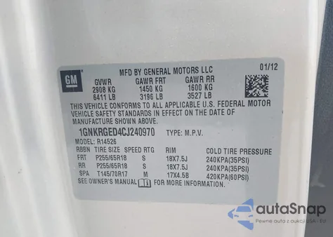 2012 Chevrolet Traverse 1Lt from USA, damaged, VIN 1GNKRGED4CJ240970